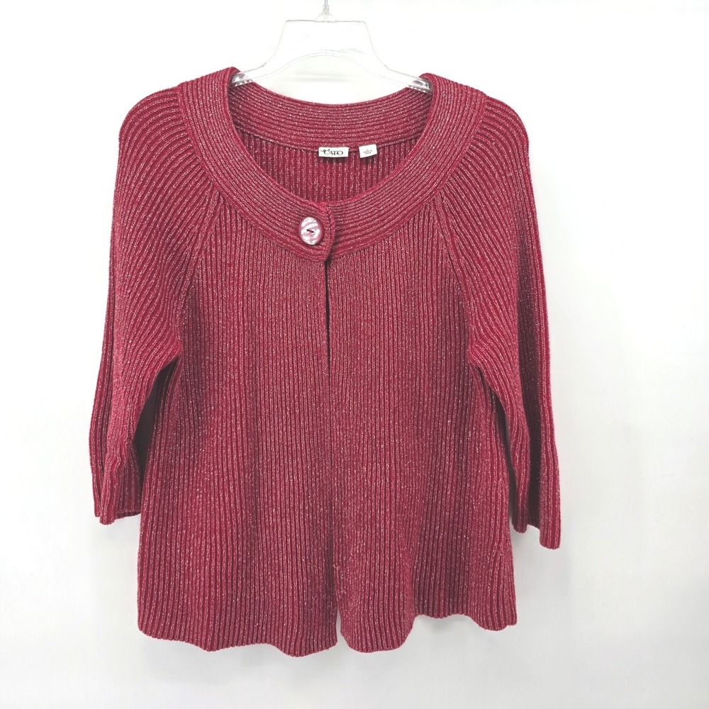 Cato Women Red Metallic Shimmer Ribbed Knit Single Button Cardigan Sweater Large